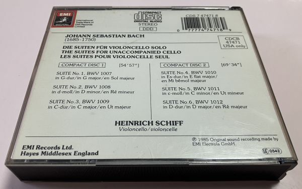 EMI 初期 西独盤 2CD ハインリヒ・シフ Heinrich Schiff バッハ : 無伴奏チェロ組曲 全集 J.S.Bach シフ 希少盤 W.Germany SONOPRESS_画像2