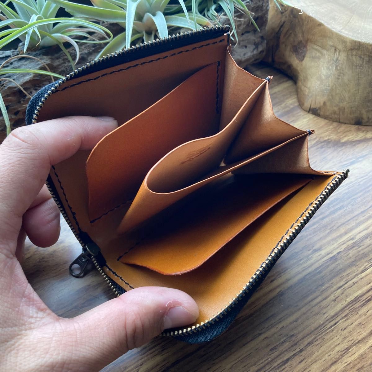 国産レザー】本革 L字ファスナー コンパクト財布 ハンドメイド