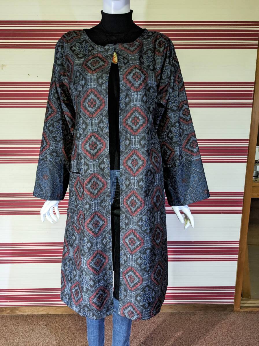 着物リメイク、大島紬2種類の羽織る一重コートとベルトリボン。_画像1