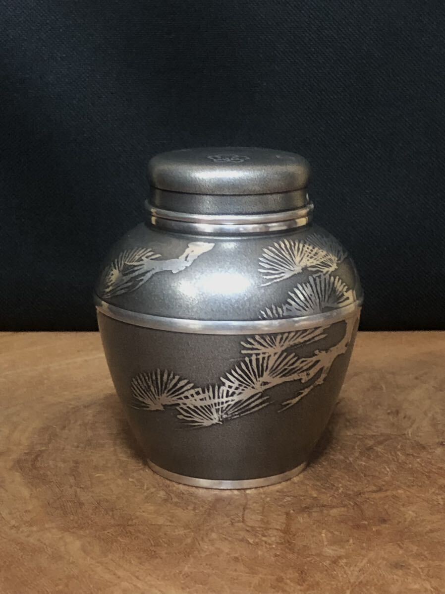 【錫製】茶入（茶壺）・松地紋・上錫『錫半』・煎茶道具の画像2