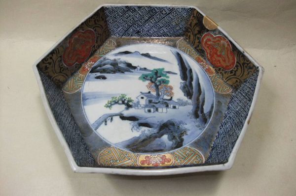 ■骨董 伊万里 色絵 山水 蛸唐草 六角 二重高台 金継■