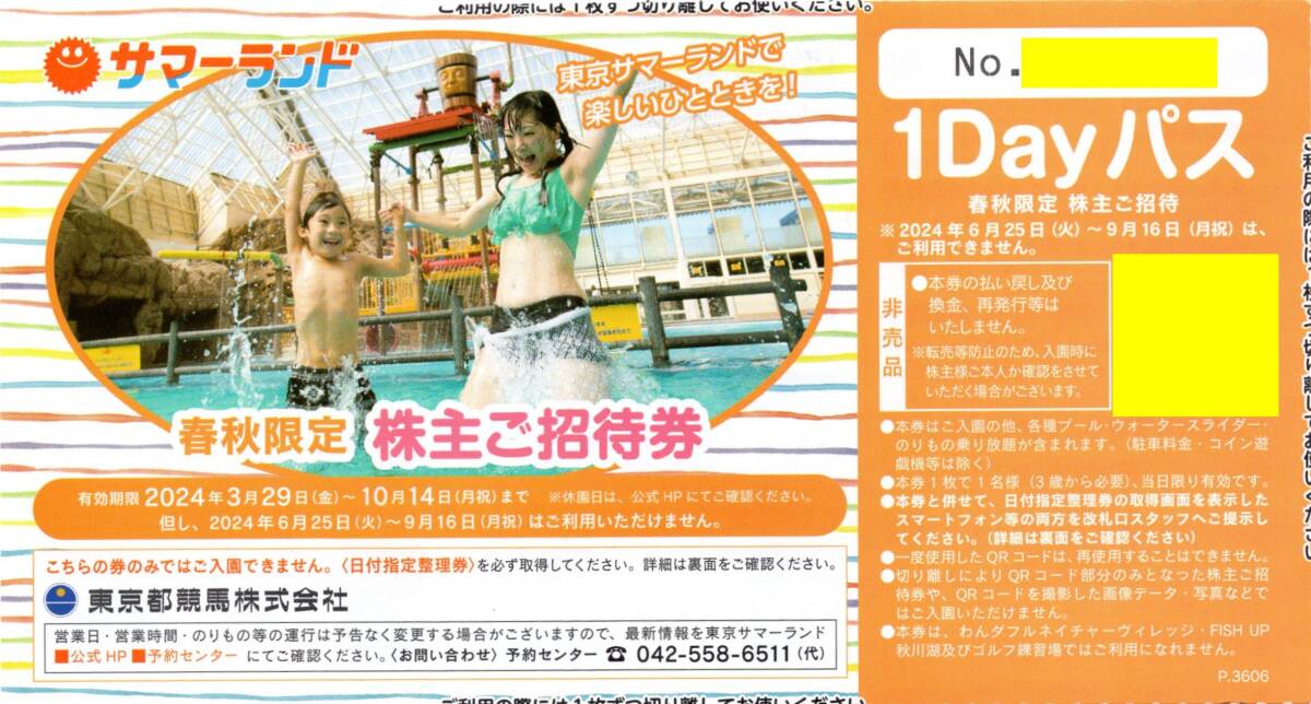 [4枚セット] 東京サマーランド 1Dayパス(春秋限定) 即決 (入園+プール+のりもの乗り放題) [ネコポス送料無料/最短翌日お届け可]_画像1