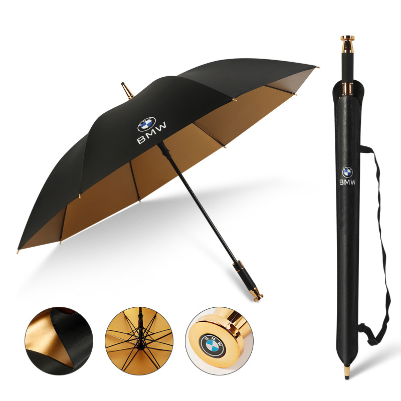 125cm 長傘 自動オープン 高級感 BMW プリントロゴ ゴールドゴムコーティング 晴雨兼用 収納バッグ付 車用傘 ゴルフ傘_画像1