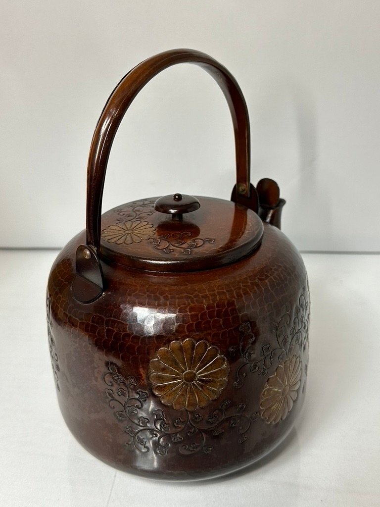 蔵出し 骨董茶道具 水注 水次 金属工芸 銅製やかん 菊花 USED美品の画像2