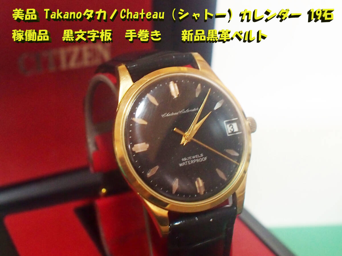 ¶ 美品 TakanoタカノChateau（シャトー）カレンダー 19石　稼働品　黒文字板　手巻き 新品黒革ベルト　¶_画像1