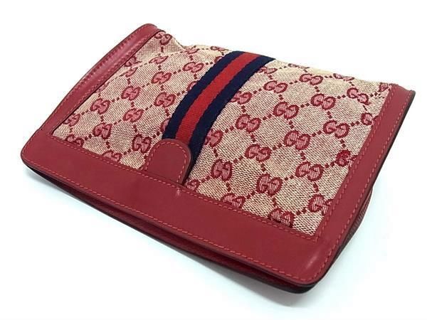 1円 ■美品■ GUCCI グッチ GG柄 GGキャンバス×レザー クラッチバッグ セカンドバッグ ポーチ メンズ レディース レッド系 AZ0917_画像2