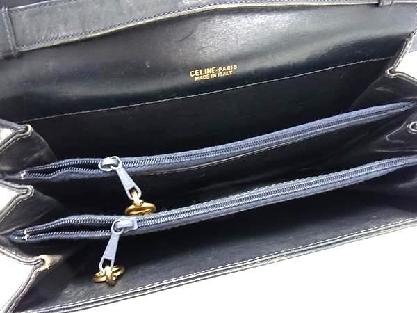 1円 CELINE セリーヌ ヴィンテージ 馬車金具 Cサルキー キャンバス×レザー ショルダーバッグ 斜め掛けかばん ネイビー系 FC4663の画像5