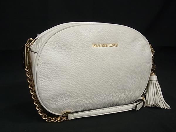 1円 ■美品■ MICHAEL KORS マイケルコース レザー タッセル ミニ ショルダーバッグ ポシェット クロスボディ ホワイト系 AW6758_画像1