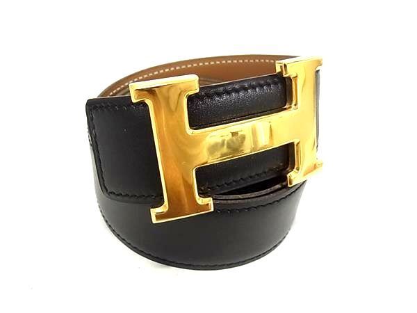 1円 ■極美品■ HERMES エルメス コンスタンス ボックスカーフ ゴールド金具 リバーシブル ベルト ブラック系×ブラウン系 FC3427の画像1