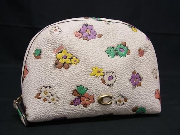 1円 ■美品■ COACH コーチ C3822 レザー フラワー 花柄 メイクポーチ マルチケース 小物入れ アイボリー系×マルチカラー AW6610の画像1