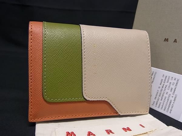 1円 ■美品■ MARNI マルニ レザー 二つ折り 財布 ウォレット 小銭入れ 札入れ レディース オレンジ系×ベージュ系×グリーン系 AW5850_画像1