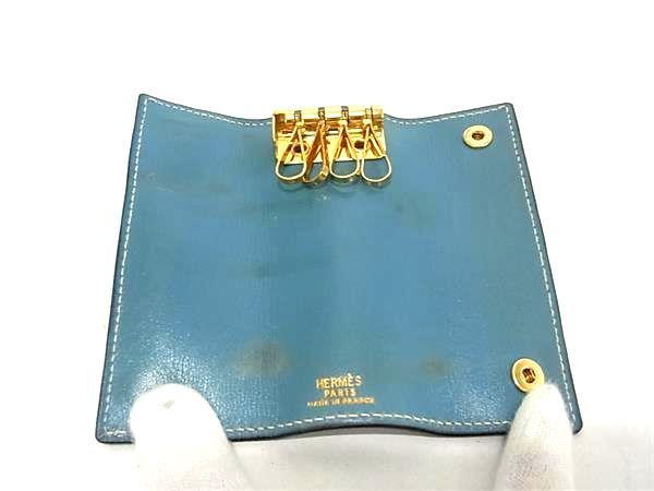 1円 HERMES エルメス エチュイ クレ4 ボックスカーフ ゴールド金具 4連 キーケース 鍵入れ □A刻印 メンズ レディース ブルー系 AW4591_画像3