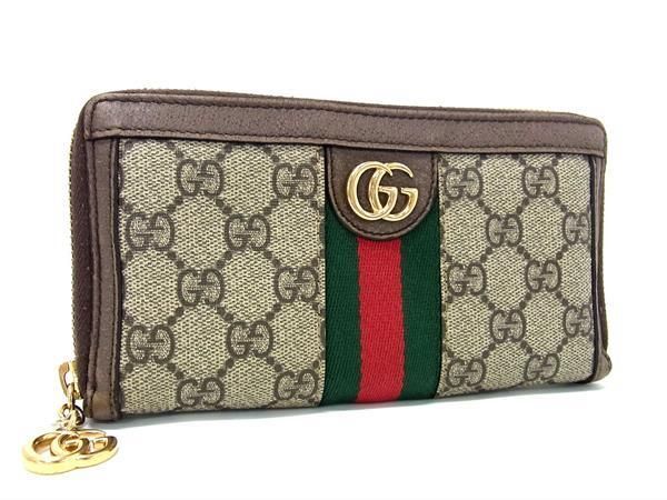 1円 GUCCI グッチ 523154 1147 シェリーライン GG柄 PVC×レザー ラウンドファスナー 長財布 ウォレット レディース ブラウン系 FC4113_画像1