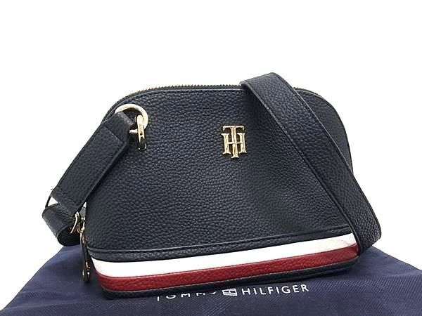 1円 ■新品同様■ TOMMY HILFIGER トミーヒルフィガー レザー ショルダーバッグ ポシェット 斜め掛けかばん レディース ネイビー系 AW6641の画像1