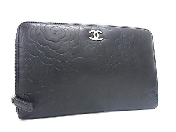 1円 ■美品■ CHANEL シャネル ココマーク カメリア ラムスキン ラウンドファスナー 長財布 ウォレット レディース ブラック系 AV5887_画像1