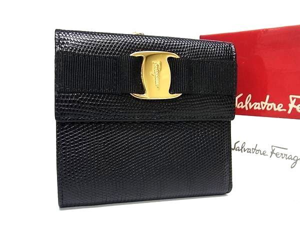 1円 ■極美品■ Salvatore Ferragamo フェラガモ ヴァラ リザード型押しレザー がま口 三つ折り 財布 ウォレット ブラック系 AW1931の画像1