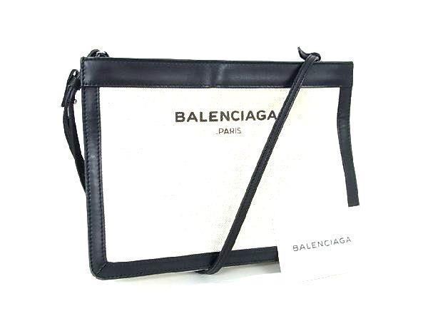 1円 BALENCIAGA バレンシアガ 339937 ネイビーポシェット キャンバス クロスボディ ショルダーバッグ 斜め掛け アイボリー系 EA2055の画像1