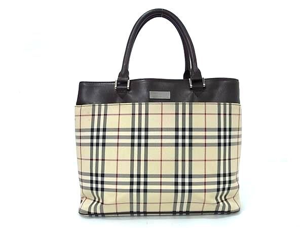 1円 ■美品■ BURBERRY バーバリー ノバチェック ナイロンキャンバス×レザー ハンドバッグ トート ベージュ系×ブラウン系 FC4853の画像1