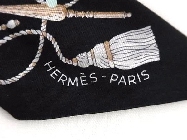 1円 ■美品■ HERMES エルメス Les Cles a Pois シルク100% ツイリー リボンスカーフ レディース ブラック系×マルチカラー FA2143