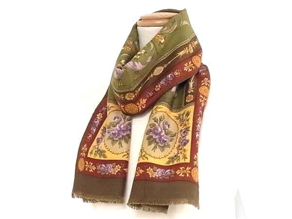 1円 ■極美品■ ETRO エトロ ウール×シルク フラワー 花柄 フリンジ スカーフ ストール レディース グリーン系 BJ1826の画像3