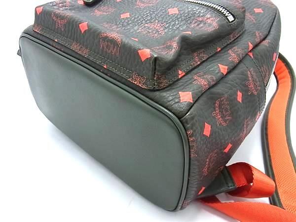 1円 ■美品■ MCM エムシーエム モノグラム ヴィセトス柄 レザー リュックサック バックパック ダークカーキ系×オレンジ系 AW5171の画像4