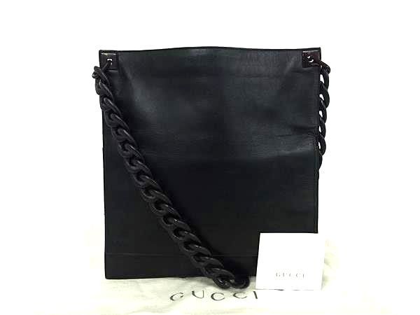 1円 ■美品■ GUCCI グッチ 002 1705 0496 レザー ウッドチェーン クロスボディ ショルダーバッグ レディース メンズ ブラック系 AW4684_画像1