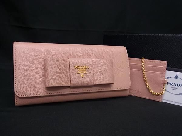 1円 ■美品■ PRADA プラダ 1M1132 サフィアーノレザー カードケース付き リボン 二つ折り 長財布 ウォレット レディース ピンク系 AW7214_画像1