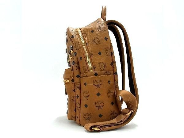 1円 ■新品同様■ MCM エムシーエム モノグラム ヴィセトス柄 レザー スタッズ リュックサック バックパック ブラウン系 AT3454_画像3