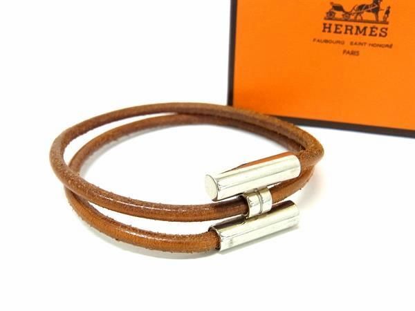 1円 ■美品■ HERMES エルメス トゥルニス レザー シルバー金具2連 ブレスレット アクセサリー レディース メンズ ブラウン系 FC0711の画像1