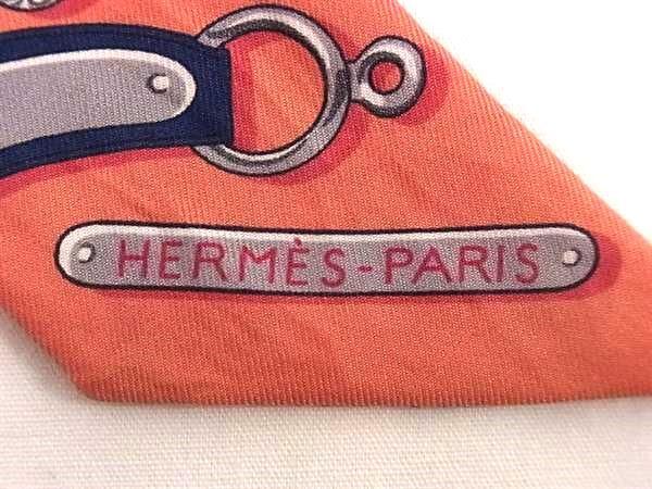 1円 HERMES エルメス シルク100% ベルト柄 総柄 ツイリー リボンスカーフ レディース サーモンピンク系×マルチカラー AW7580_画像3