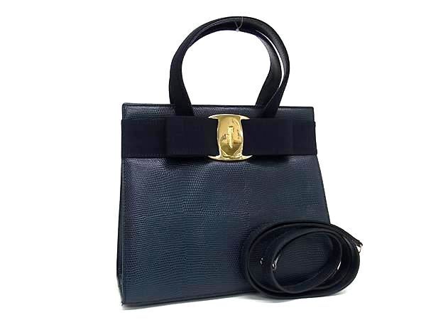 1円 ■美品■ Salvatore Ferragamo フェラガモ 4178 ヴァラリボン リザード型押しレザー 2WAY ハンドバッグ ショルダー ネイビー系 BI1868の画像1