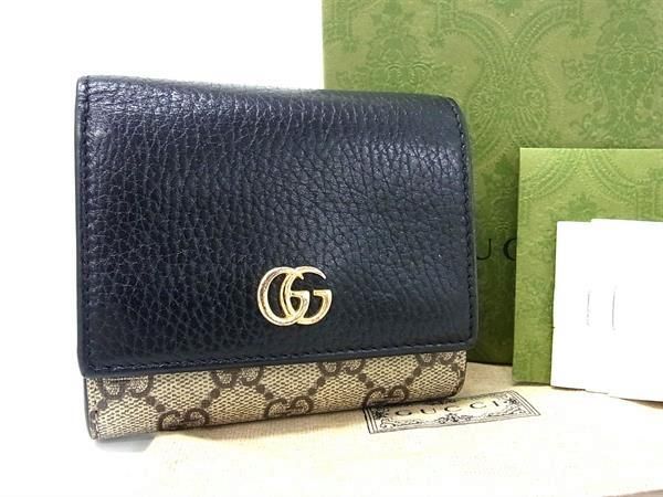 1円 ■美品■ GUCCI グッチ 598581 2149 GGマーモント レザー×PVC 二つ折り 財布 ウォレット 小銭入れ ブラック系×ベージュ系 AY1096の画像1