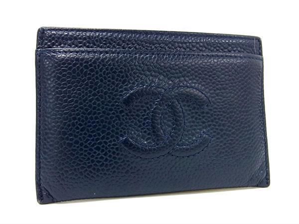 1円 ■美品■ CHANEL シャネル ココマーク キャビアスキン カードケース パスケース 名刺入れ メンズ ネイビー系 FA5356の画像1