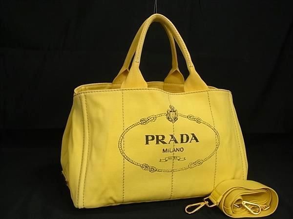 1円 PRADA プラダ キャンバス カナパ キャンバス 2WAY ハンドバッグ トート ショルダー クロスボディ 肩掛け イエロー系 AY1688の画像1