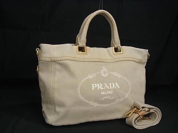 1円 PRADA プラダ キャンバス 2WAY クロスボディ ハンドバッグ トート ショルダー 斜め掛け レディース ライトグレー系 AY1689の画像1