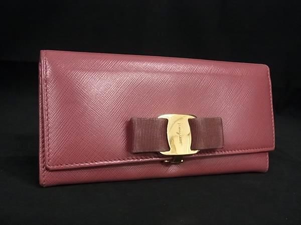 1円 Salvatore Ferragamo フェラガモ KIー22 B559 ヴァラリボン レザー 二つ折り 長財布 ウォレット 小銭入れ 札入れ ピンク系 FA5618