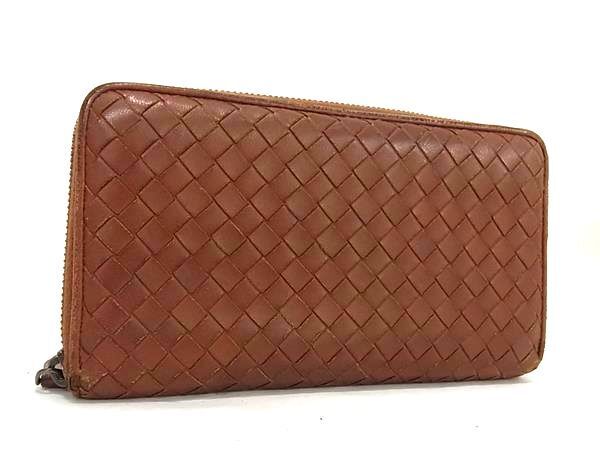 1円 BOTTEGA VENETA ボッテガヴェネタ イントレチャート レザー ラウンドファスナー 長財布 ウォレット レディース ブラウン系 DA6892の画像1