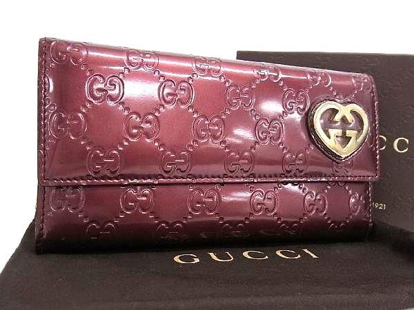 1円 GUCCI グッチ 251861 2778 ラブリーハート グッチシマ パテントレザー 二つ折り 長財布 ウォレット レディース ボルドー系 AW3869_画像1