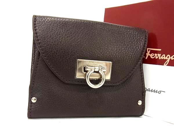 1円 ■極美品■ Salvatore Ferragamo フェラガモ ガンチーニ レザー 二つ折り 財布 ウォレット 小銭入れ 札入れ ダークブラウン系 BG2902の画像1