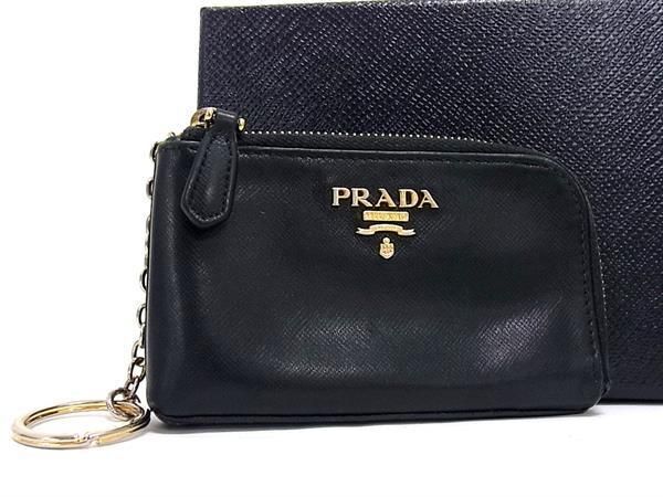 1円 PRADA プラダ レザー チェーン コインパース 小銭入れ 小物入れ 財布 ウォレット メンズ ブラック系 AW7012の画像1