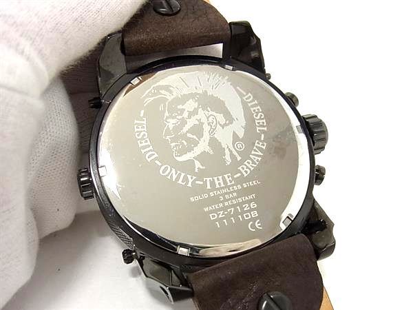 1円 ■稼働品■極美品■ DIESEL ディーゼル DZ-7126 SS×レザー クロノグラフ クォーツ 3気圧防水 腕時計 ウォッチ シルバー系 AW3816