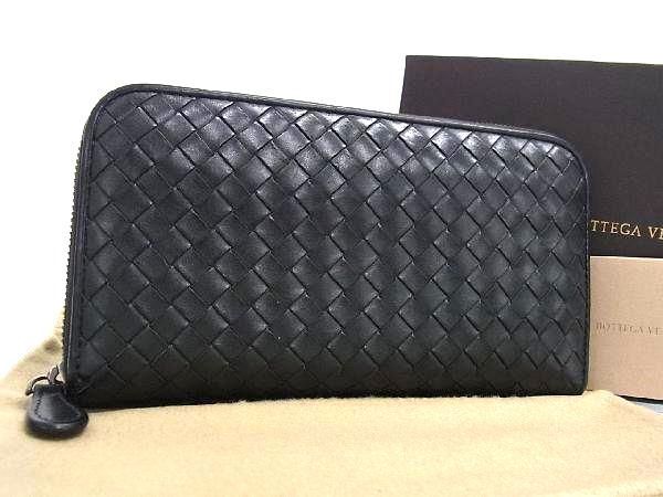 1円 ■美品■ BOTTEGA VENETA ボッテガヴェネタ イントレチャート レザー ラウンドファスナー 長財布 ウォレット ブラック系 FB0319の画像1