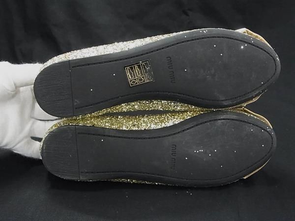 1円 miumiu ミュウミュウ グリッター リボン フラットシューズ サイズ36 1/2 (約23.5cm) 靴 シューズ レディース ゴールド系 FB0169の画像4