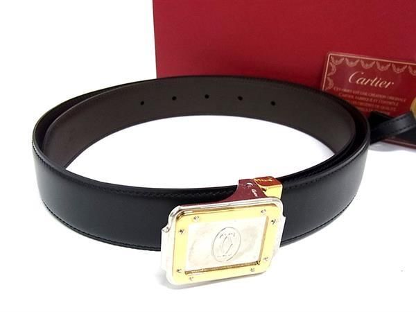 1円 ■極美品■ Cartier カルティエ サントス レザー リバーシブル シルバー金具 ベルト ビジネス メンズ ブラック系×ブラウン系 FC0111の画像1