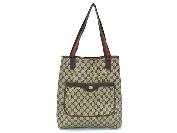 1円 GUCCI グッチ 4487 オールドグッチ ヴィンテージ シェリーライン インターロッキングG GG柄 PVC トートバッグ ブラウン系 BJ2701_画像1