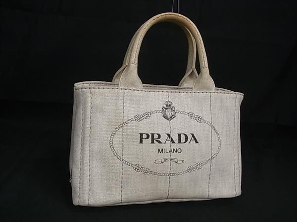 1円 PRADA プラダ ミニカナパ キャンバス ハンドバッグ トートバッグ レディース メンズ ライトグレー系 AW8063の画像1