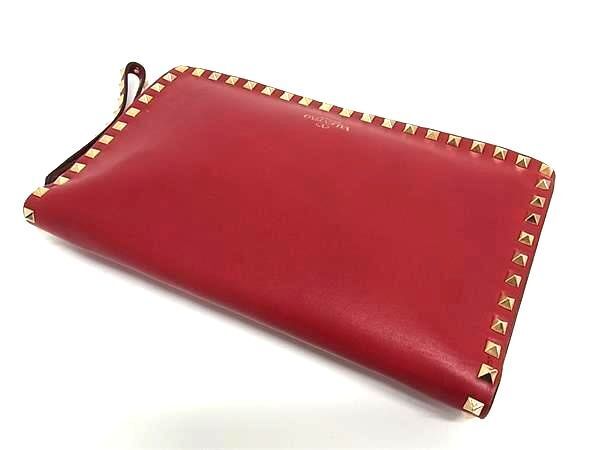 1円 ■美品■ VALENTINO GARAVANI ヴァレンティノ ガラヴァーニ ロックスタッズ レザー セカンドバッグ クラッチ レッド系 FD0006