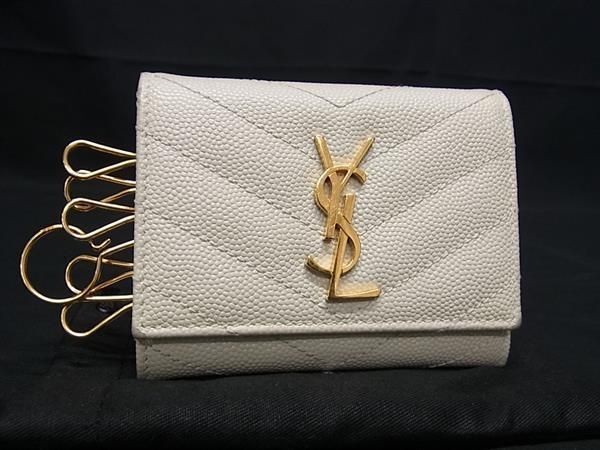 1円 ■美品■ YVESSAINTLAURENT イヴサンローラン カサンドラ Vステッチ レザー 6連 キーケース 鍵入れ レディース アイボリー系 FA5800の画像1