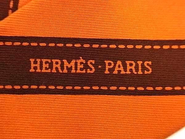 1円 HERMES エルメス ボルデュック ツイリー シルク100% リボンスカーフ レディース オレンジ系×ブラウン系 FA1692の画像3
