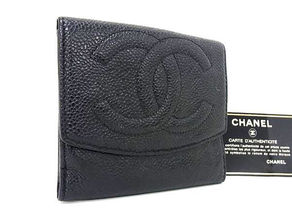 1円 ■美品■ CHANEL シャネル ココマーク キャビアスキン 二つ折り 財布 ウォレット 札入れ 小銭入れ レディース ブラック系 FB0123_画像1